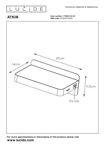 Lucide ATKIN - Bettlampe / Wandleuchte - LED - 1x6W 3000K - Mit USB-Ladepunkt - Schwarz - TECHNISCH